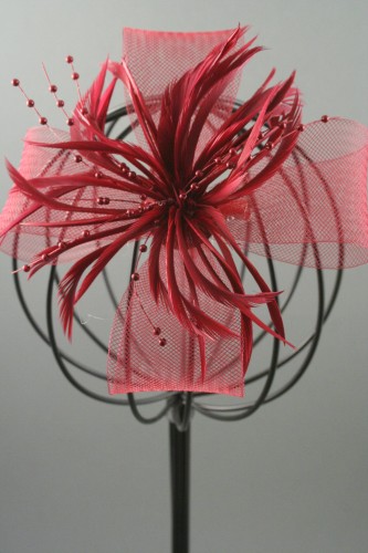 Large Burgundy Looped Net and Feather Fascinator on a Forked Clip and Brooch Pin