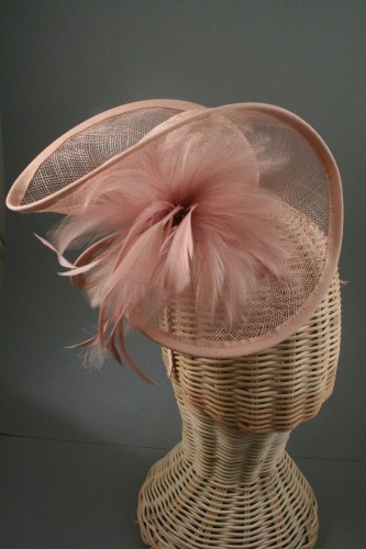 Large Nude Twisted Sinamay Fabric Fascinator with Feathers on a Matching Ribbon Wrapped Aliceband.