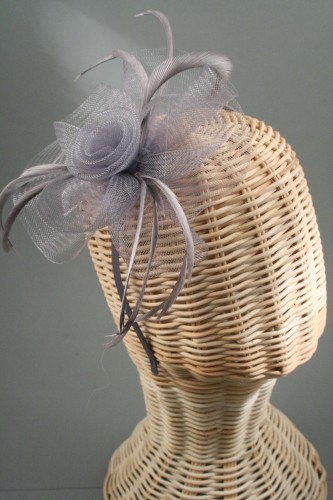 Silver Grey Looped Fabric Flower and Feather Fascinator on a Ribbon Wrapped Aliceband. 