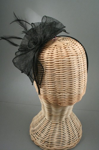 Black Looped Sinamay and Feather Fascinator on a Matching Coloured Satin Fabric Aliceband