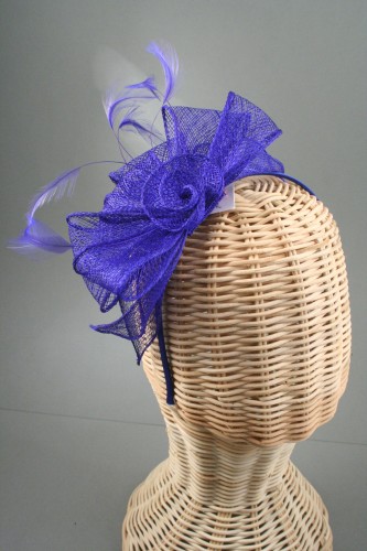 Royal Blue Looped Sinamay and Feather Fascinator on a Matching Coloured Satin Fabric Aliceband