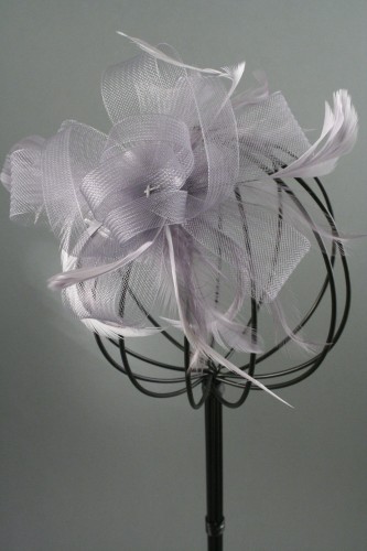 Silver Grey Looped Net Ribbon and Feather Fascinator on a Clear Comb. 