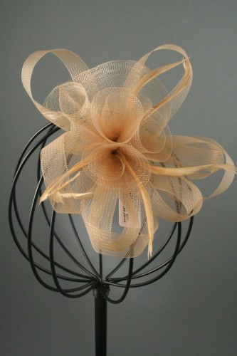 Looped Latte Net Centre Rosette and Feather Fascinator on a Clip and Brooch Pin.