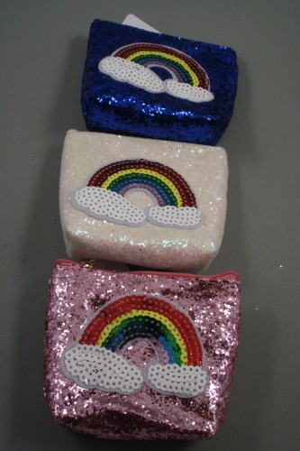 Sequin Zip Purse with Sequin Rainbow Motif. In Blue, White and Pink. Lined with Cream Fabric. Approx Size 11cm x 9cm
