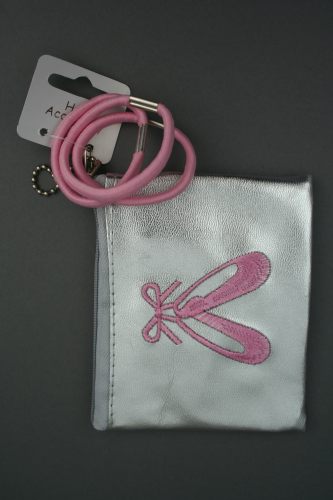 Silv Metallic Purse with Ballet Shoes Motif and 3 Pink Elastics