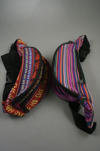 Brightly Coloured Pattern Fabric Bum Bag with Adjustable Strap 2 Front Zip Compartments and 1 Back Zip. In 2 Styles