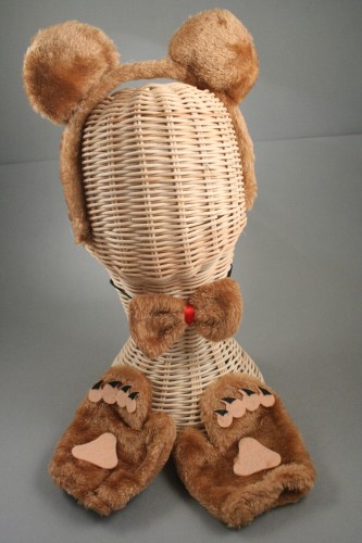 Brown Furry Fabric Teddy Bear Ears Aliceband, Child Size Paws and Bow Tie Set
