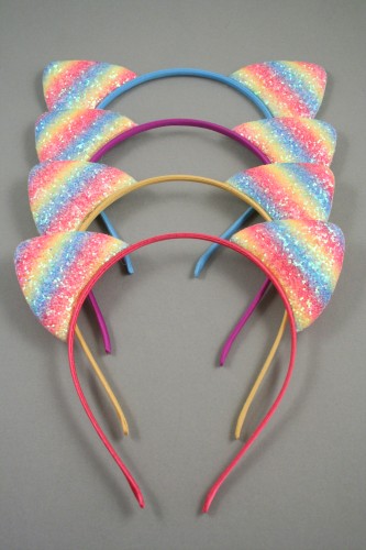 Sparkly Rainbow Glitter Cat Ears on a Narrow Ribbon Wrapped Aliceband.  In Pink, Blue, Purple and Yellow