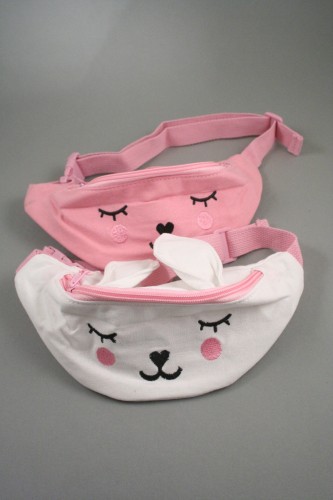 Childrens Bunny Rabbit Fabric Bum Bag with Adjustable Strap Front Zip Compartment. In Pink and White