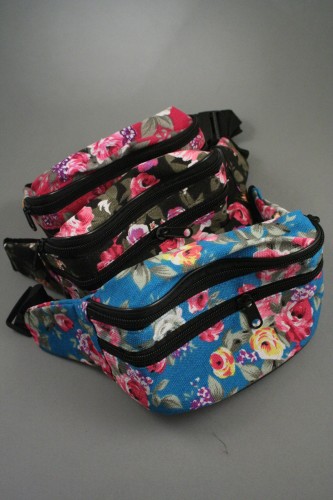 Floral Print Pattern Fabric Bum Bag with Adjustable StrapThree Zip Compartments. In Pink, Black and Blue