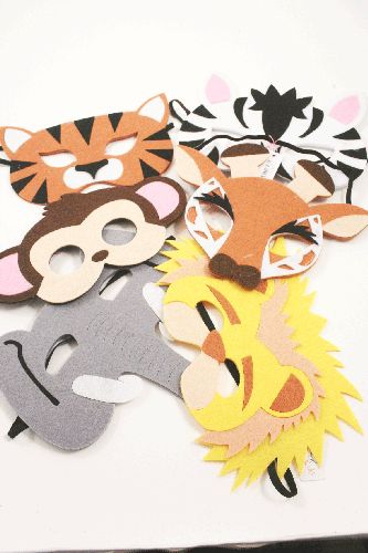 Childrens Wild Animals Felt Face Mask on Elastic. In Giraffe, Elephant, Monkey, Lion, Tiger and Zebra