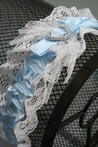 Blue Ribbon and White Lace Garter with Centre Heart Detail.