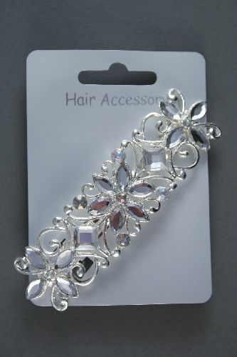 Silv Crystal Flower Barrette. Approx 9cm. 