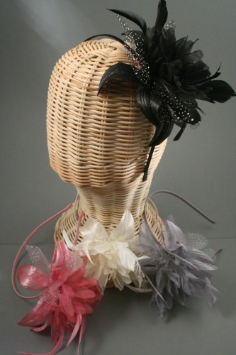 Flower and Feather Fascinator on a Clear Comb. In Assorted Colours. Pink, Grey, Cream and Black